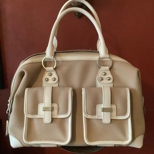 Beautiful Rafē Bag in a Tan Canvas with White Leather Trim.